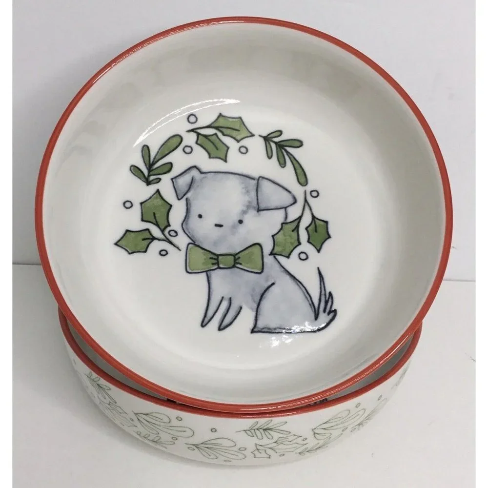 2 Dog Bowl Dish Ceramic Prima Design Christmas Dog  NEW